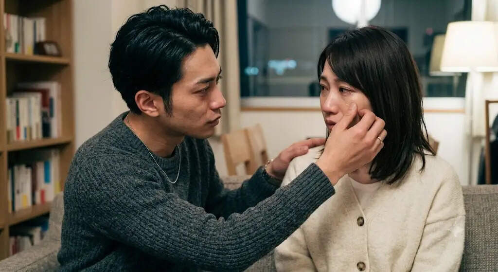 Japanese man gently wiping a woman&rsquo;s tears